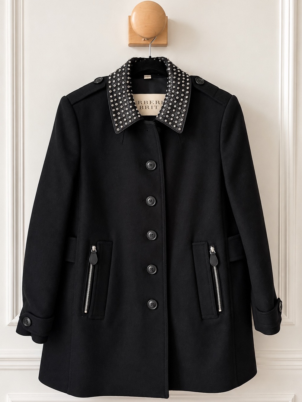 Burberry Brit Studded Leather Collar Wool Cashmere Military Coat Black US 6